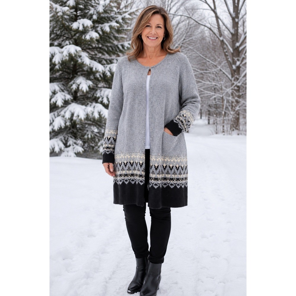 CJ Banks Women 1X Gray Fair Isle Cardigan Sweater Nordic Long Open Front Plus